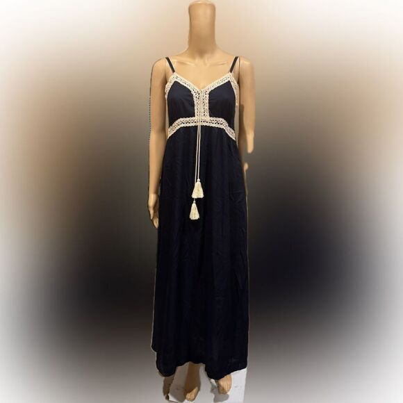 1. State Navy Blue Spaghetti Strap Boho Summer Maxi Dress Lace trim Sz S - Picture 1 of 8